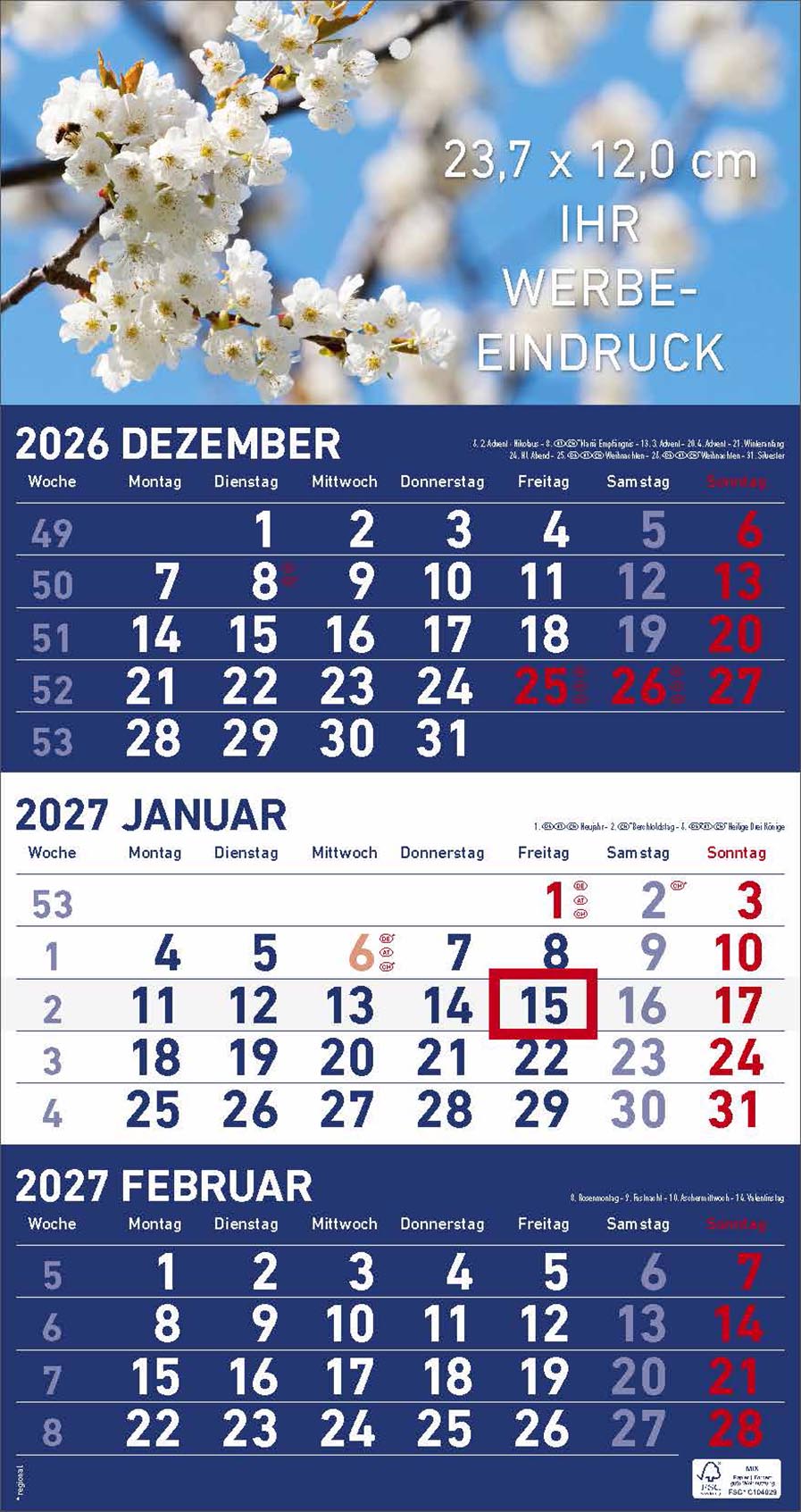3-Monatskalender "Nürnberg" deutsch dunkelblau