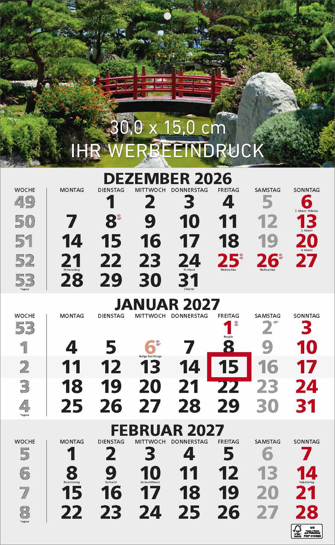 3-Monatskalender "Hannover" deutsch grau/rot