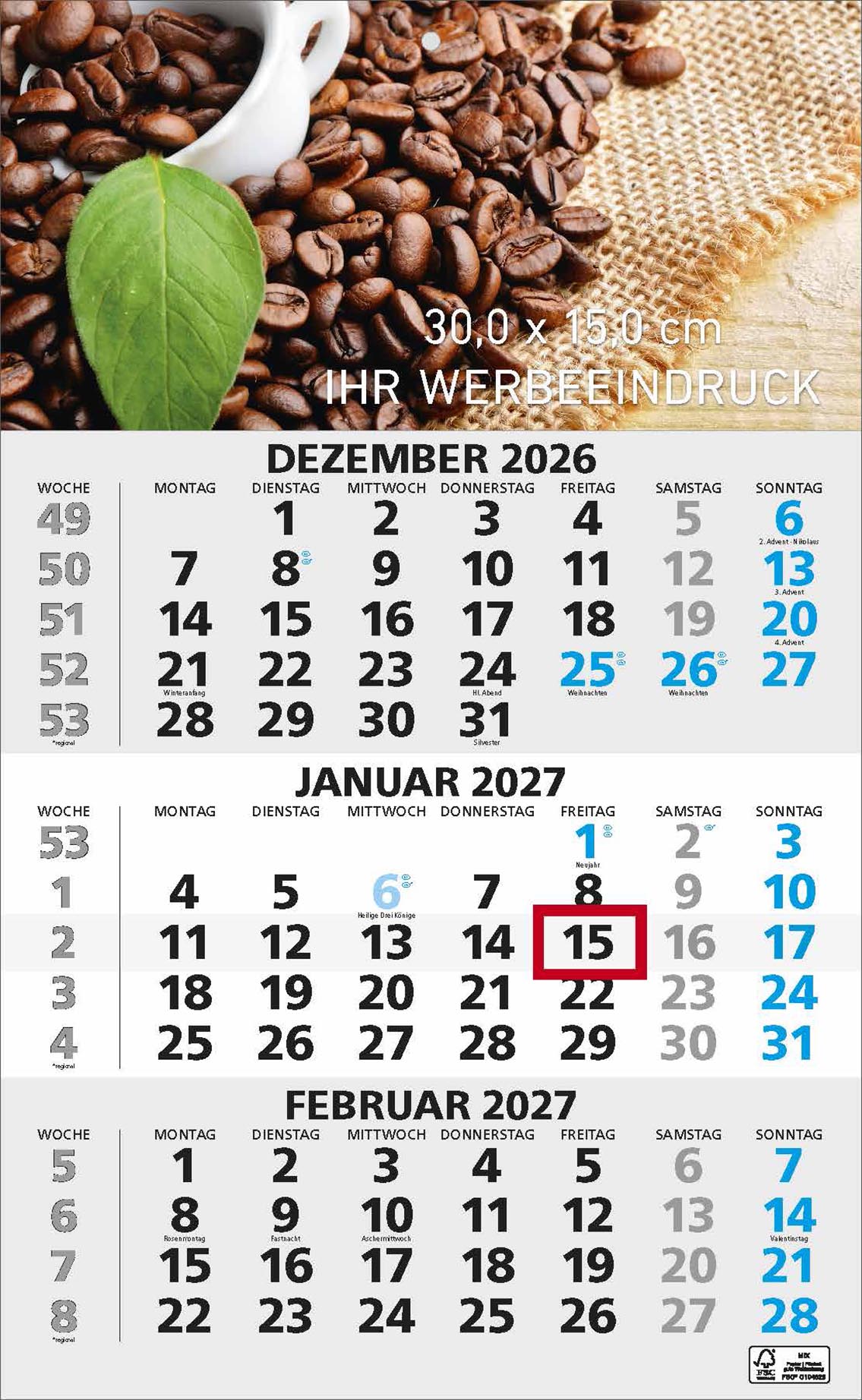 3-Monatskalender "Hannover" deutsch grau/blau