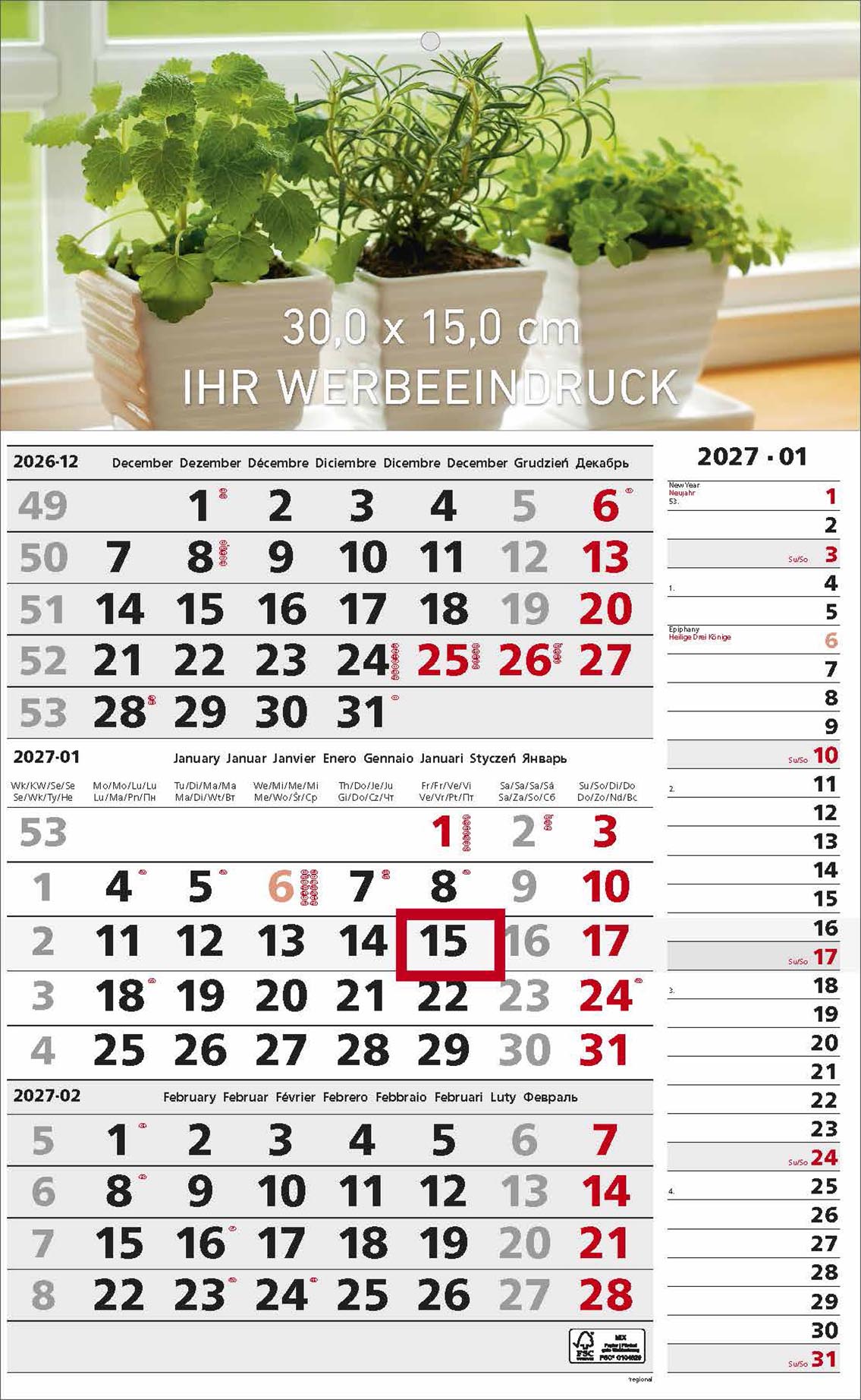 3-Monatskalender Kombi "Köln" 8-spr. grau/rot
