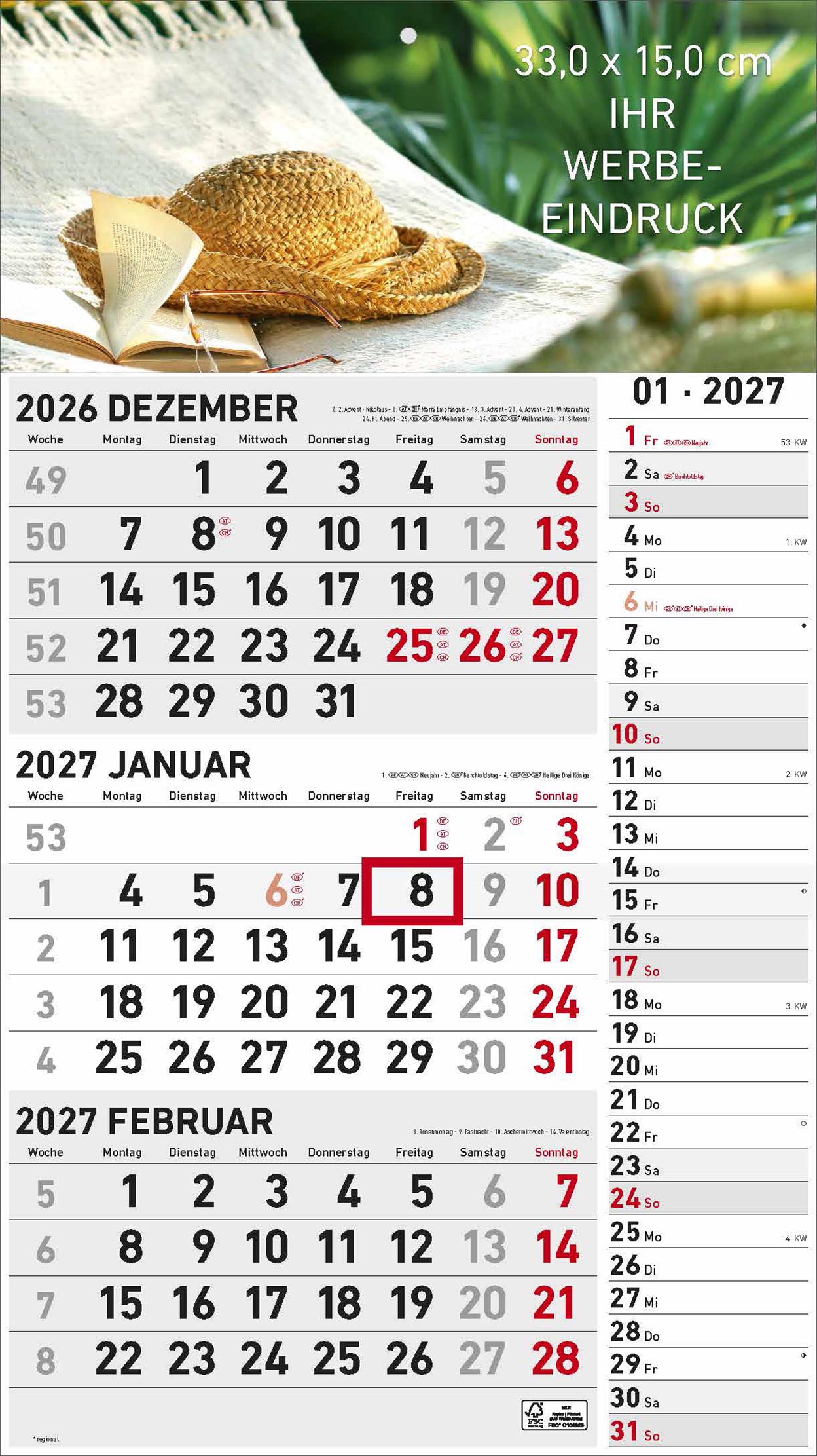 3-Monatskalender Kombi "Hamburg" deutsch grau/rot