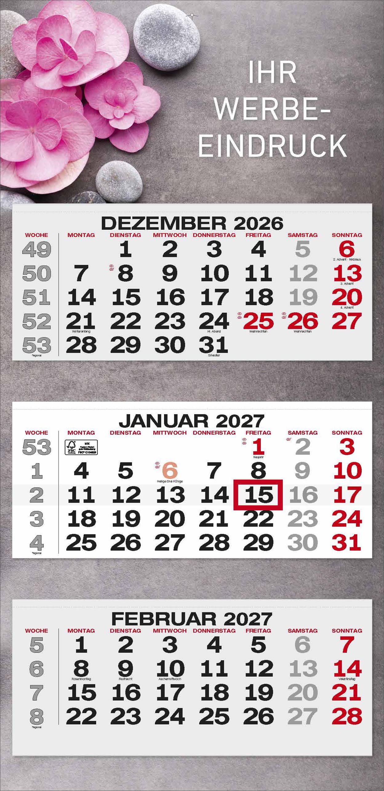 3-Monatskalender "Bergen" deutsch grau