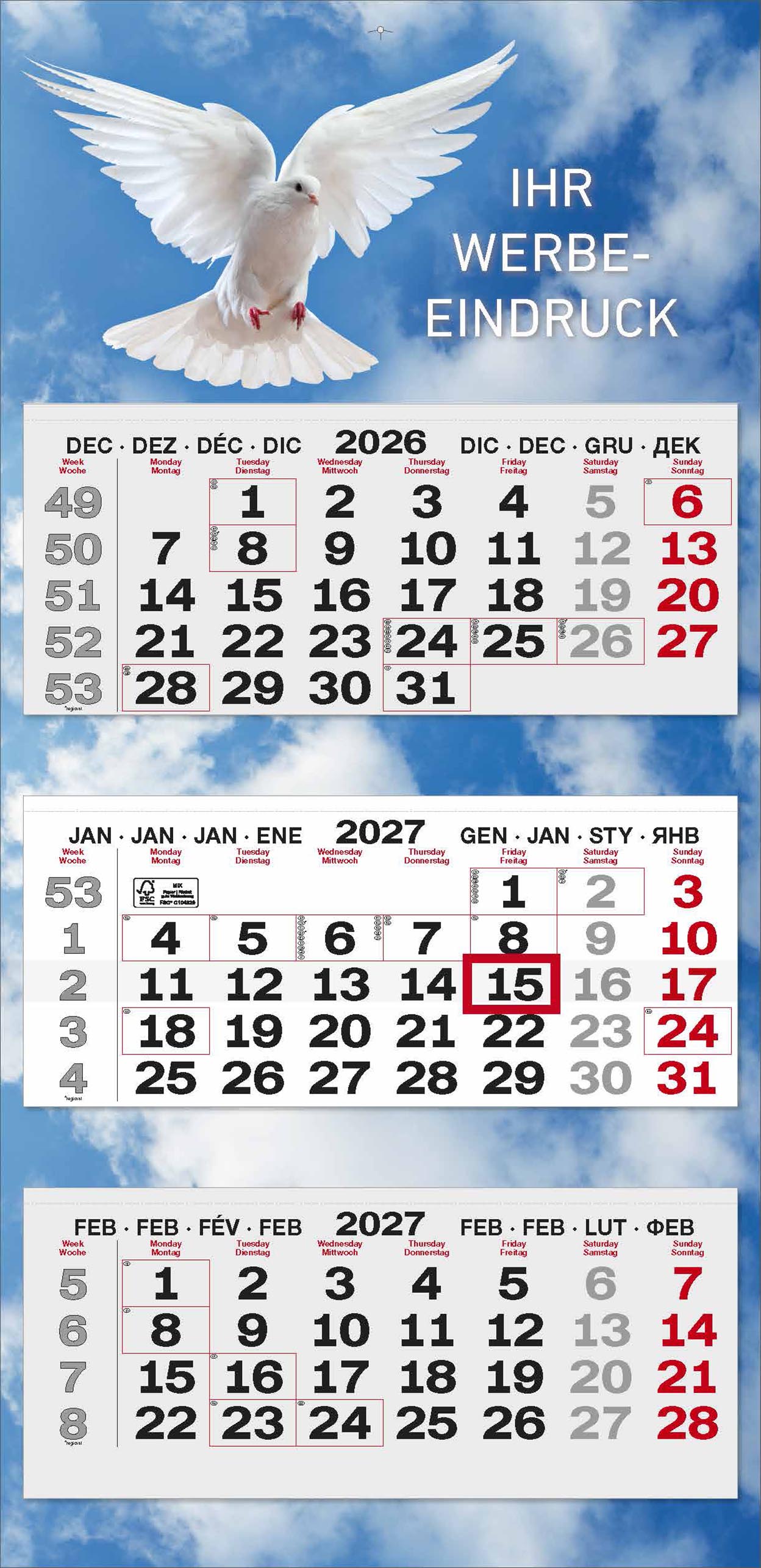 3-Monatskalender "Bergen" 8-spr. grau