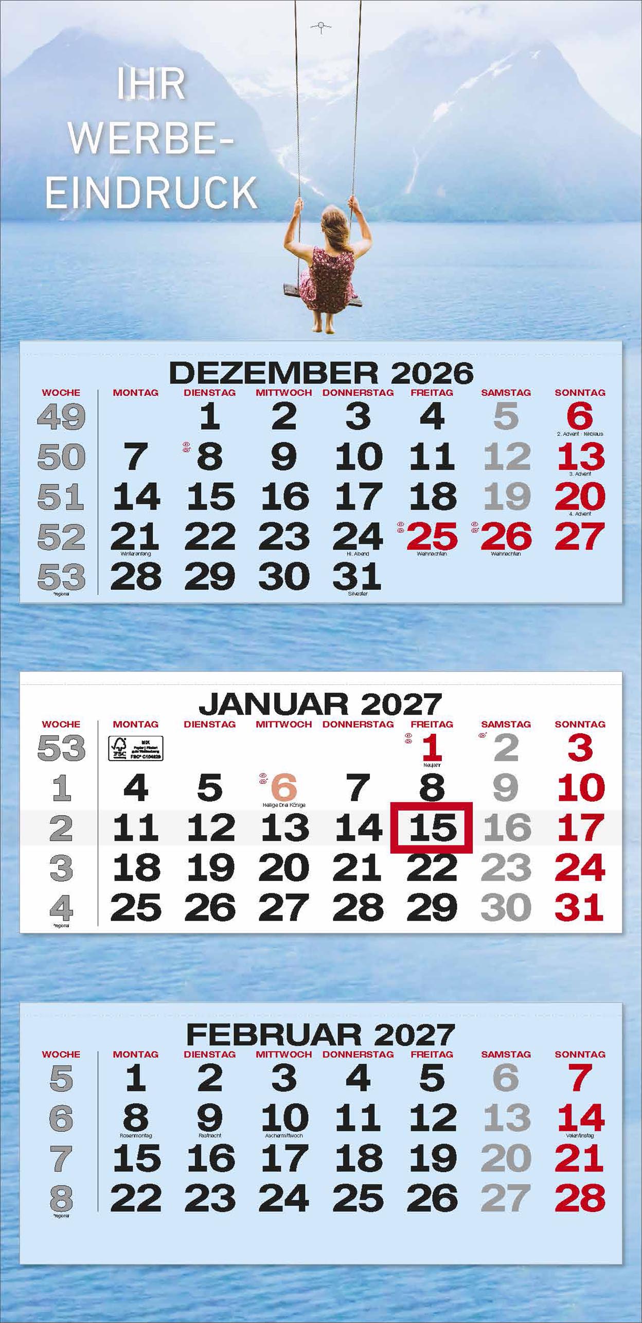 3-Monatskalender "Bergen" deutsch hellblau