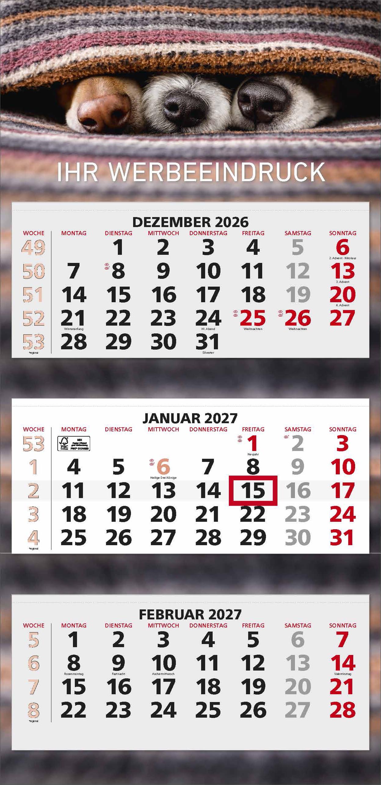 3-Monatskalender "Trondheim" deutsch grau/rot